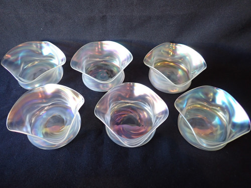 Set of six John Walsh iridescent glass finger bowls antique Birmingham hand blown ruffled rims