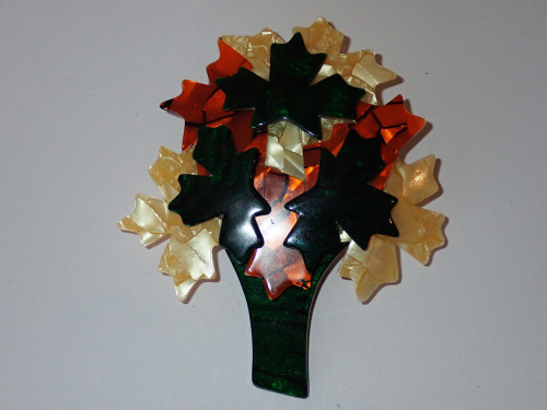 Vintage Lea Stein Paris Maple Tree brooch in forest green, tangerine and pearl-toned cellulose acetate