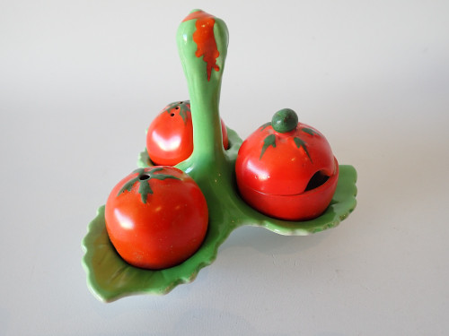 Rare Carlton Ware Tomato and Lettuce Salad Ware cruet set with handled lettuce stand circa 1926