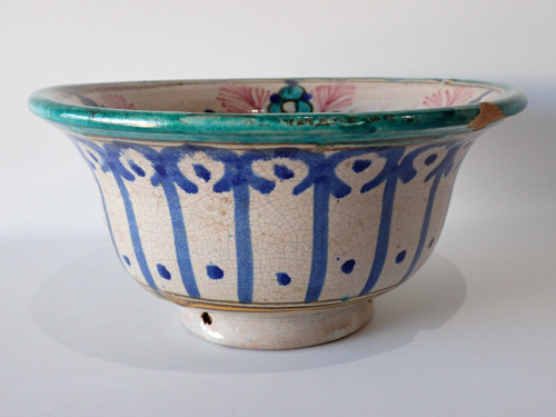 Antique Moroccan Fez Mokhfia Bowl circa 1890–1920 hand painted polychrome ceramic with original wall hanging holes