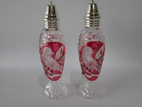 Vintage Hofbauer Byrdes Collection cut crystal salt and pepper shakers with cranberry overlay, made in Germany.