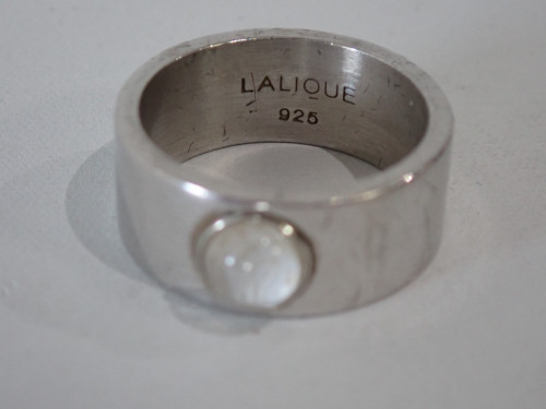 Vintage French Lalique sterling silver band ring with white cabochon, size N
