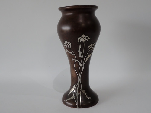 Otto Heintz Art Metal Shop bronze vase with sterling silver coneflower overlay and original dark patina, Buffalo New York, circa 1912–1918.