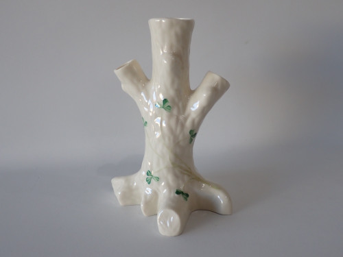Vintage Belleek Shamrock Tree Trunk Vase with hand-painted shamrocks in fine Irish parian porcelain, 15.5 cm high.
