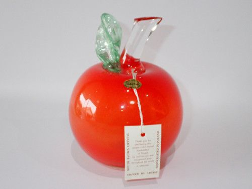 Vintage signed Adam Jablonski Polish handblown lead crystal red apple sculpture with green glass leaf, original label and tag.