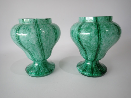 Pair of Art Deco Franz Welz style Czech glass posy vases with mottled pale green bodies, dark green stripes and white cased interiors.