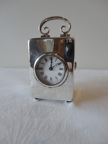 Antique William Comyns sterling silver carriage clock London 1903 with enamel Roman numeral dial