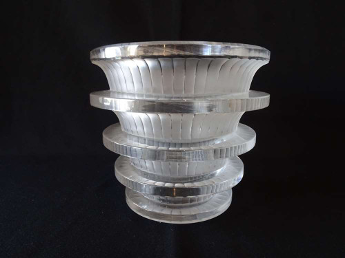 Lalique Chevreuse Art Deco vase in clear and frosted glass with stepped circular bands, flared rim and finely moulded vertical decoration.