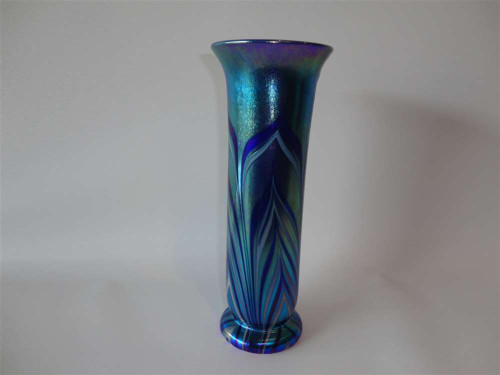 Vintage Lundberg iridescent pulled feather art glass vase dated 1979 with shimmering blue, turquoise and violet decoration, flared rim and rounded foot.