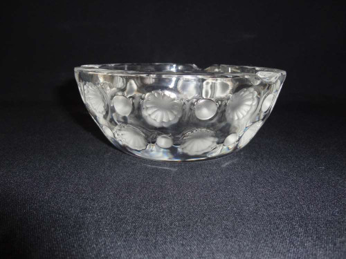 Vintage Lalique Tokyo clear crystal ashtray with frosted floral motifs, rounded cabochons and gently curved bowl.