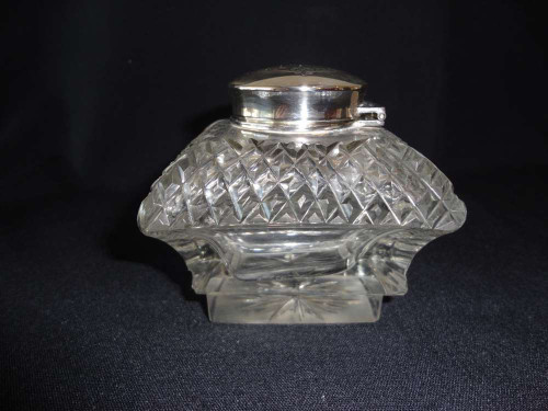 Victorian cut crystal inkwell with sterling silver hinged cover by Richard Martin and Ebenezer Hall, Sheffield circa 1888