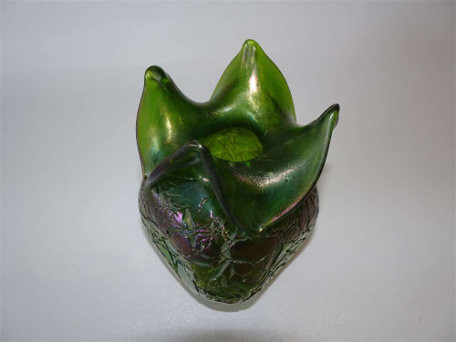 Antique Bohemian glass vase attributed to Wilhelm Kralik Sohn, circa 1890–1900, with green and purple textured body and floriform rim, 13.5cm tall.