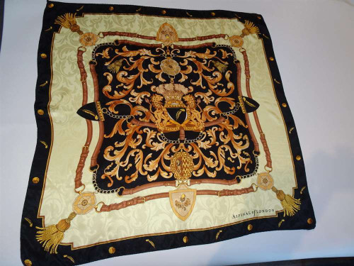 Aspinal of London silk scarf with crest shield and equestrian strap design