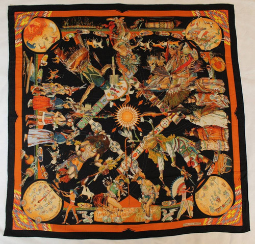 Hermès Les Danses des Indiens vintage silk and cashmere scarf by Kermit Oliver 1999 with intricate multicolour design 134cm