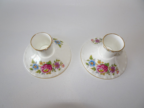 Pair of Malvern/Royal Grafton fine bone china candlestick holders in a floral design circa 1950s.