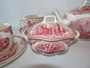 Lovely Johnson Bros tea set 'Old Britain Castle' by Johnson Bros dated 1990s, in lovely shade of pink and comprises of teapot, creamer, sugar and cups and saucers.