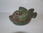 Unusual vintage pottery puffer fish lidded dish with glass eyes and glazed glass interior, measures 21cm long.