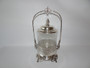 Antique Silver-Plated Biscuit Box with Etched Crystal Jar and Acorn Finial Lid