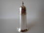 Antique Elkington and Co silver-plated sugar caster with tapered body, spreading foot, pierced domed lid and decorative finial.