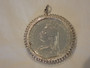 1889 Queen Victoria silver crown coin pendant Victorian era with St George and the Dragon in decorative mount