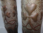 Pair of WWI trench art brass artillery shell vases with Art Nouveau scrolls and shamrock design