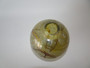 Vintage 1989 iridescent studio art glass vase with olive green, amber and violet trailing decoration, 11cm tall.