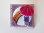 Vintage Lea Stein Paris rainbow umbrella brooch with purple mosaic lustre design and magenta umbrella