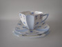 Shelley Queen Anne "Charm in Blue" bone china trio with teacup, saucer and side plate, circa 1950.