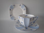 Shelley Queen Anne "Charm in Blue" bone china trio with teacup, saucer and side plate, circa 1950.