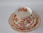 Antique Coalport attributed bone china trio with Imari-inspired red and gilt decoration, circa 1890.
