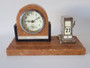 Art Deco marble desk clock with matching chrome-tone perpetual calendar on rectangular marble base, circa 1920s–1930s.