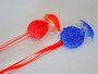 Pair of vintage Murano style glass cocktail swizzle sticks with colourful candy finials and teardrop-shaped scoops.