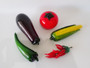 Vintage Murano style art glass vegetable collection with tomato, eggplant, green chilli pepper, corn on the cob and red chilli pepper cluster.