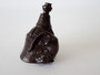 Antique Japanese carved dark wood netsuke depicting a rat climbing a hand broom, signed on an inset ivory plaque.