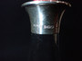 Rare 1927 Hukin & Heath Art Deco cherry brandy glass decanter with sterling silver-mounted neck, engraved lettering and red ball stopper.