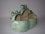 Vintage Arnel's ceramic frog family planter with three smiling mint-green frogs, hand-glazed by Judy Story and dated March 1986, 26cm wide.