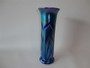 Vintage Lundberg iridescent pulled feather art glass vase dated 1979 with shimmering blue, turquoise and violet decoration, flared rim and rounded foot.
