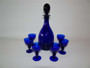 Antique Bristol Blue glass sherry decanter with six matching hand blown glasses