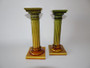 Pair 19th century English Majolica candlesticks Doric column green yellow glaze
