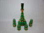 Vintage 1960s Bohemian green and gold striped glass decanter with six matching drinking glasses.