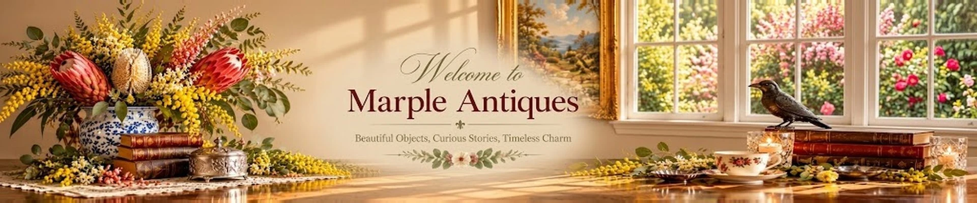 Marple Antiques homepage banner featuring curated antiques, vintage books, an antique telescope, mantel clock, fine china and decorative treasures.