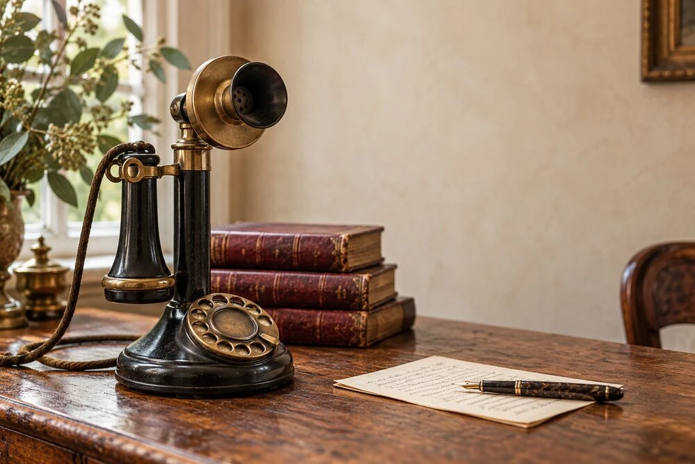 Antique brass and black telephone beside burgundy books and a handwritten note on a wooden desk.