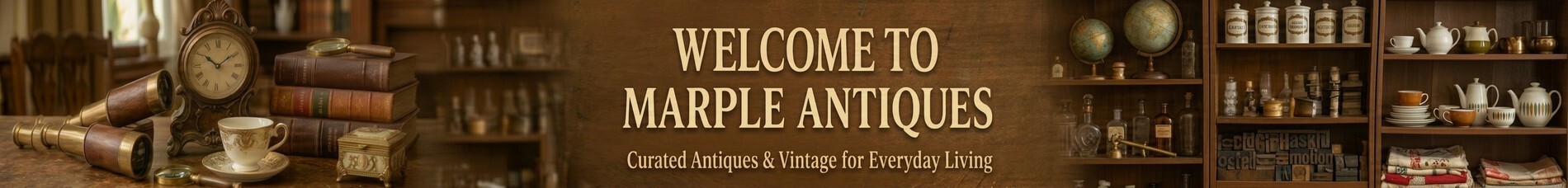 Marple Antiques homepage banner featuring curated antiques, vintage books, an antique telescope, mantel clock, fine china and decorative treasures.