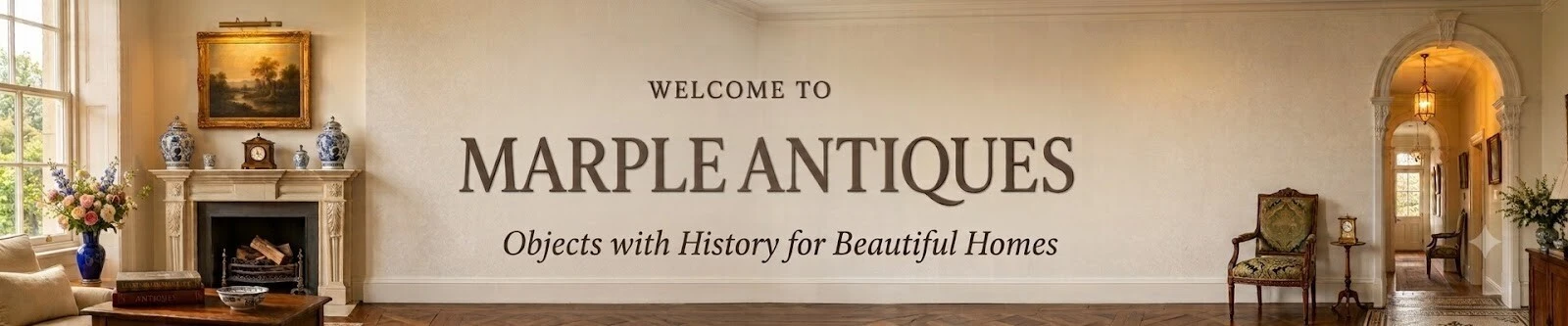 Marple Antiques homepage banner featuring curated antiques, vintage books, an antique telescope, mantel clock, fine china and decorative treasures.
