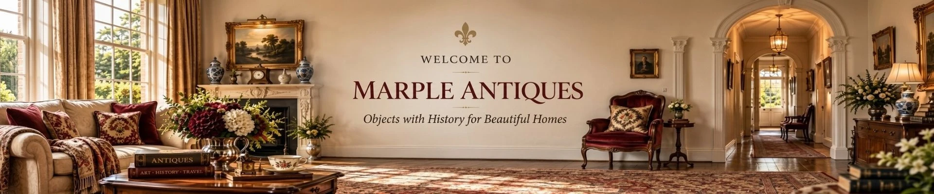 Marple Antiques homepage banner featuring curated antiques, vintage books, an antique telescope, mantel clock, fine china and decorative treasures.