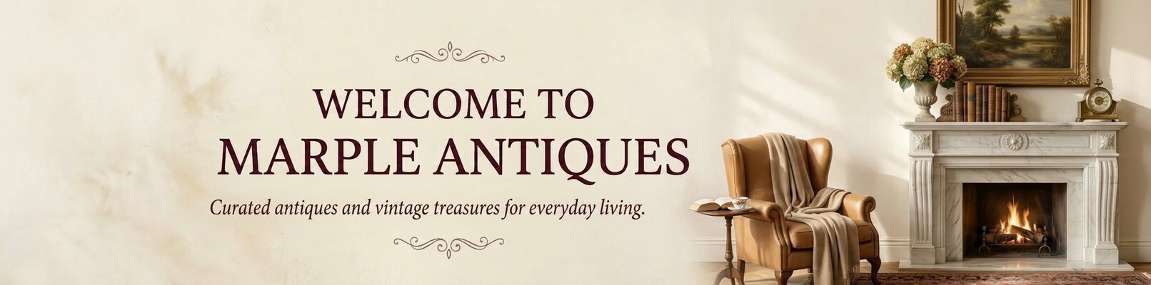 Marple Antiques homepage banner featuring curated antiques, vintage books, an antique telescope, mantel clock, fine china and decorative treasures.