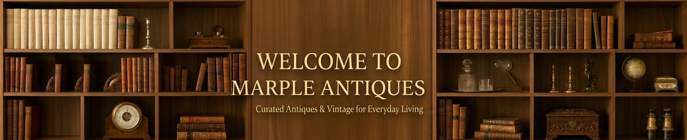Marple Antiques homepage banner featuring curated antiques, vintage books, an antique telescope, mantel clock, fine china and decorative treasures.