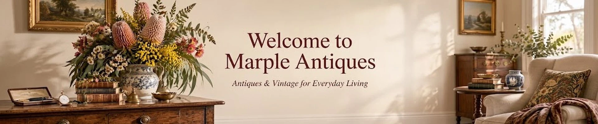Marple Antiques homepage banner featuring curated antiques, vintage books, an antique telescope, mantel clock, fine china and decorative treasures.