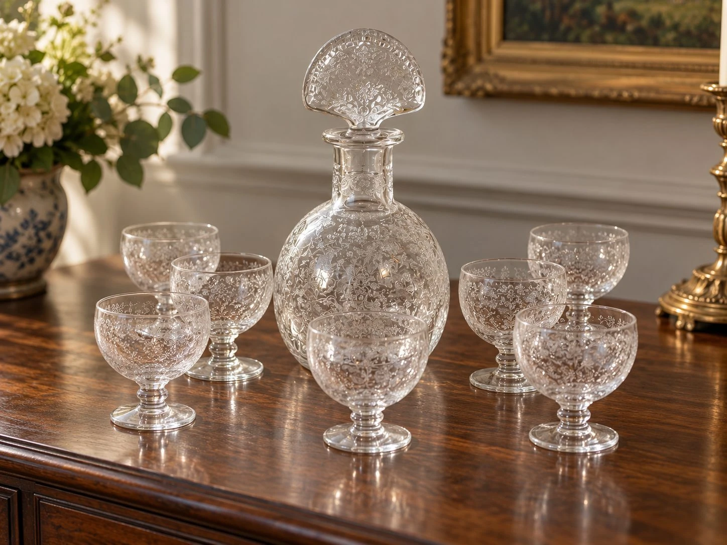 Baccarat Marillon crystal decanter with fan-shaped stopper and matching glasses arranged on a sideboard