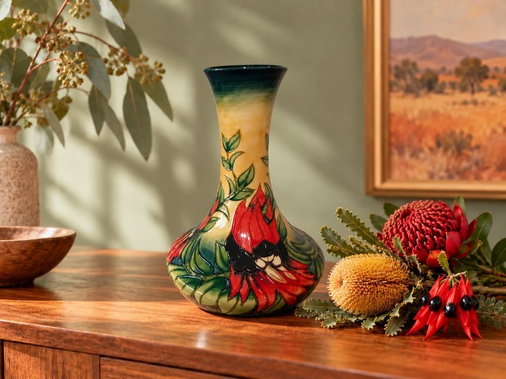 Moorcroft Sturt Pea vase on a timber console beside banksia, waratah and Sturt’s desert pea flowers